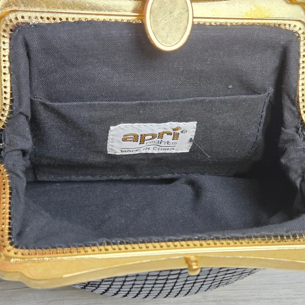 Apri Nights Black Metal Mesh Evening Clutch Bag Gold Tone Frame Snake Chain